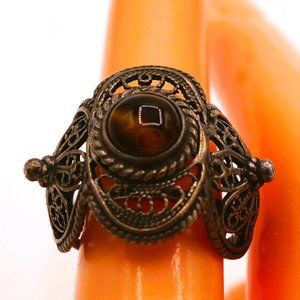 Unique Vintage Elevated Tiger's Eye 3 Disc Sterling Silver Filigree Ring Size 7